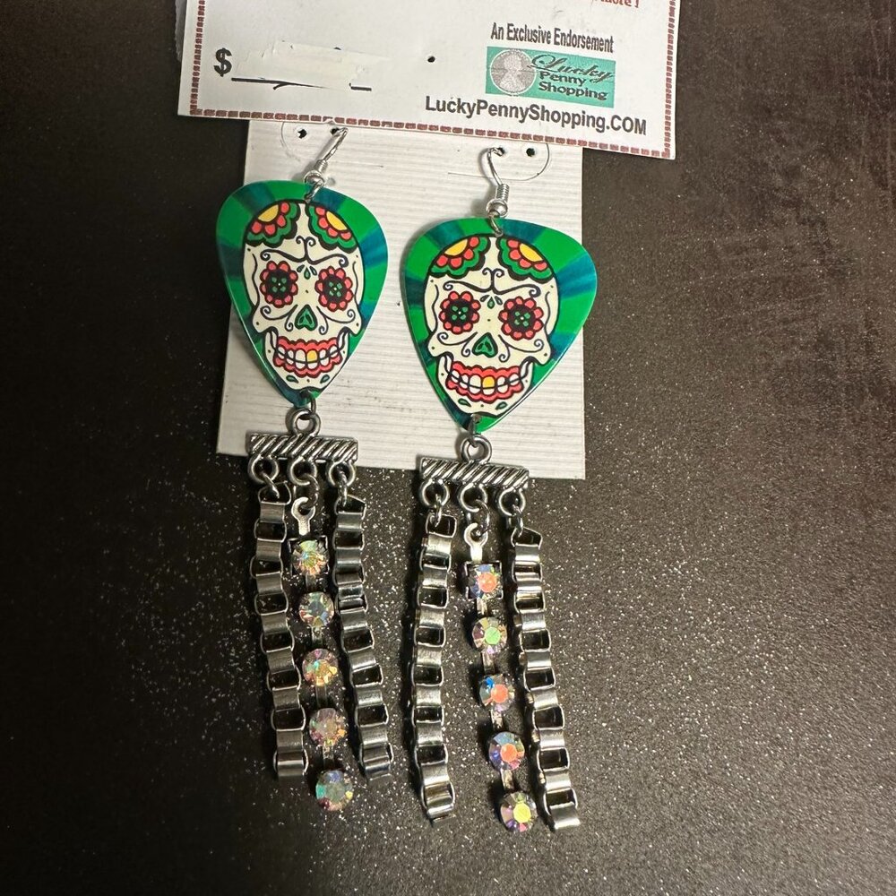 Sugar Skull Earrings Day of the Dead Guitar Pick 9936